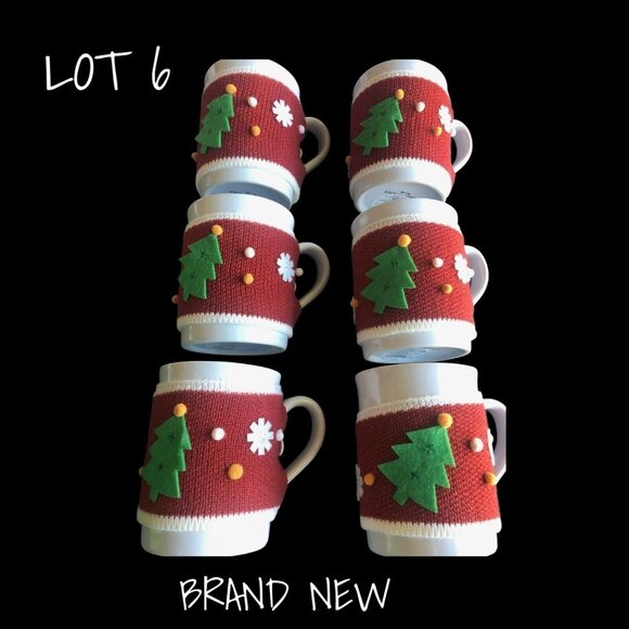 Set of 6 Threshold Stoneware Christmas Cups with Knit Red Sweater Covers New - Picture 1 of 3